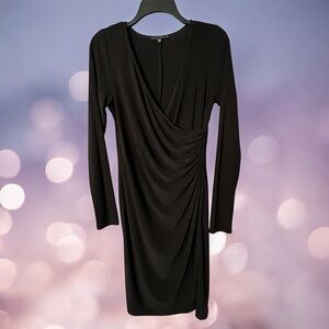 Tiana B. Black Ruched Dress Size Small Cocktail Bodycon Knee Wrap Flattering EUC